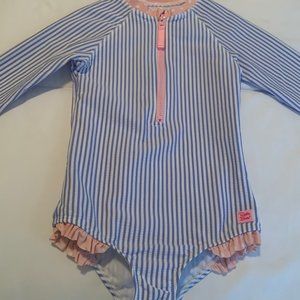 Girls Ruffle Butts Swimsuit - Seersucker Longsleeve One Piece Rashguard - Size 6